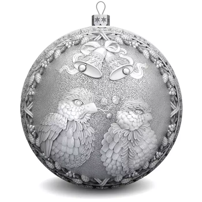 Набор из 3 серебряных ёлочных шаров "Снегири, Колокольчики и Зимняя сказка"